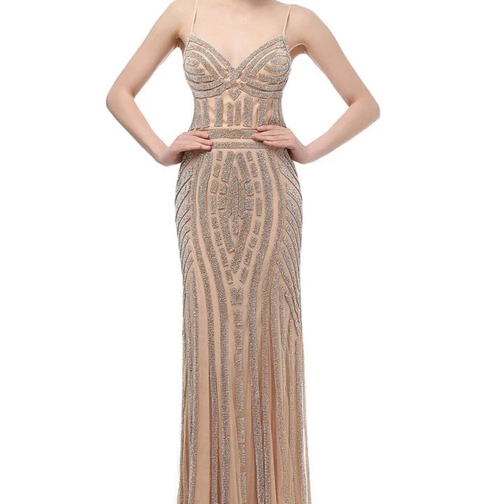 Gold Sequin Embellished Gown with Spaghetti Straps